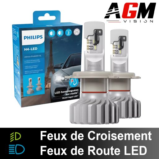 Kit Feux de Croisement/Route LED Homologuées Renault Trafic 2 2001-2015- PHILIPS H4 ULTINON PRO6001 HL
