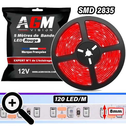 1 Striscia LED 12V da 5 Metri, SMD 2835, Colore Rosso, 120LED/M, IP20