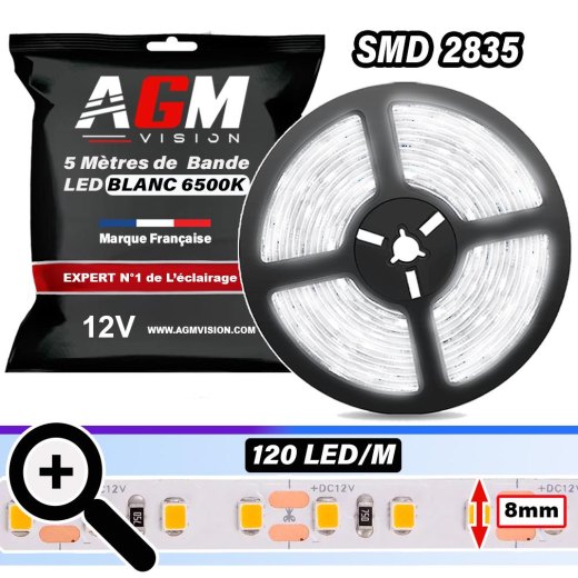 1 Bande LED 12V de 5 mètres, SMD 2835, 6500K blanc froid, 120 LED/m, IP20