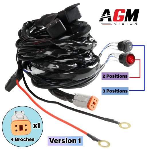 Wiring harness, 1x 4-pin socket, 2 switches, for high power LED headlight and light bar- V1