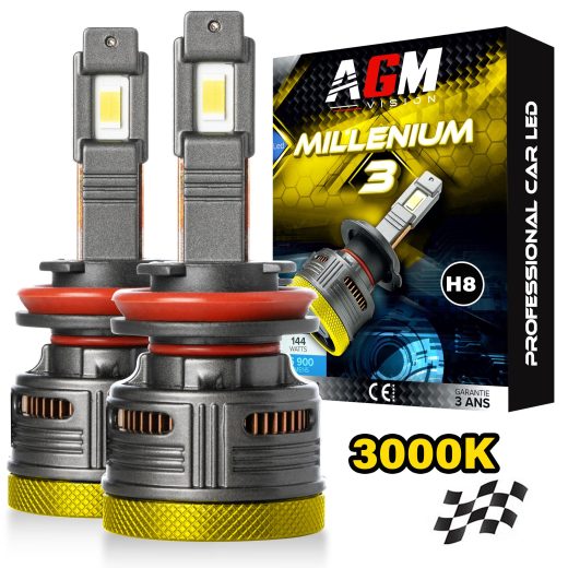 Kit ampoules LED H8 Millenium 3 Gold, Jaune 3000K - 144 Watts, la plus puissante, couleur jaune 3000K