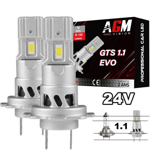 Kit ampoules LED H7 GTS 1.1 24 Volts - Ventilé, taille mini et puissante, 70 W, 10 000 lumens, blanc 6500K