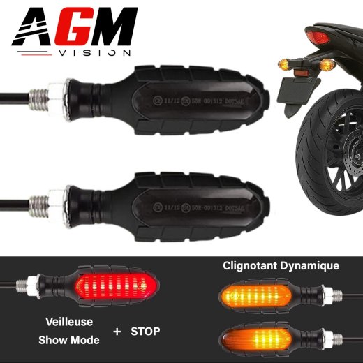 Kit 2 piscas moto LED Shadow 3 em 1 - Pisca dinâmico + luz de posição / stop vermelho + animação na partida