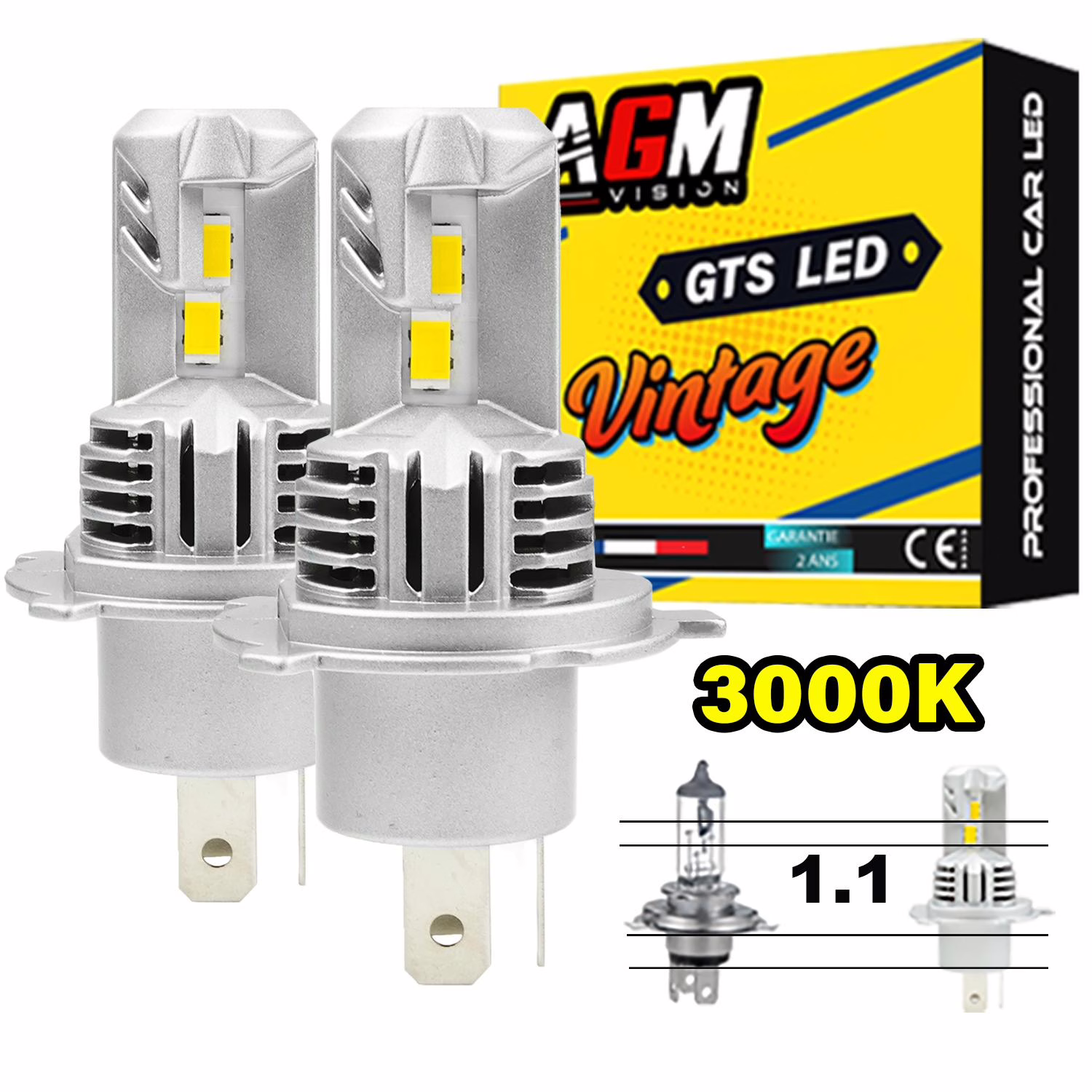 Immagine di Kit Lampadine LED H4 GTS Vintage Giallo 3000K, 1.1 Slim Ventilato 70 Watt, 10100 Lumen Immagine di Kit Lampadine LED H4 GTS Vintage Giallo 3000K, 1.1 Slim Ventilato 70 Watt, 10100 Lumen