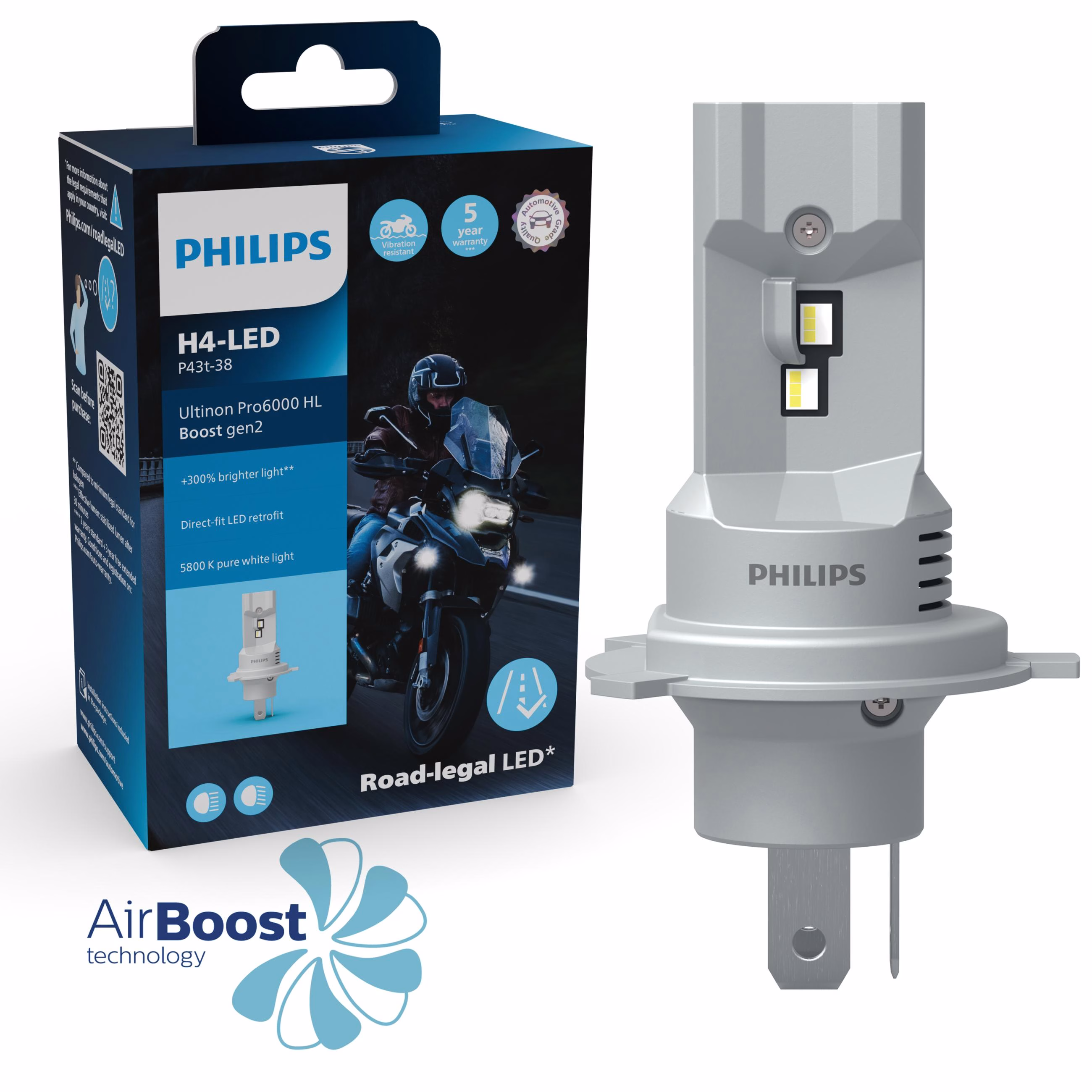 Image of Philips Ultinon Pro6000 Boost HL Gen2 approved H4 LED bulb for motorcycle Image of Philips Ultinon Pro6000 Boost HL Gen2 approved H4 LED bulb for motorcycle